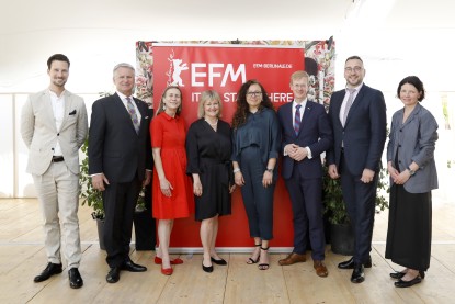 f.l.t.r.: Dennis Ruh (EFM), Nauris Puntulis (Minister of Culture, Rep. of Latvia), Mariette Rissenbeek (Berlinale), Edith Sepp (CEO Estonian Film Institute), Daina Urbanavičienė (Vice Minister of Culture, Rep. of Lithuania), Tiit Terik (Minister of Culture, Rep. of Estonia), Laimonas Ubavičius (Director of Lithuanian Film Centre), Inga Blese (Deputy Director of the National Film Centre of Latvia) signing the contract at the 75th Cannes Film Festival © Berlinale/Kurt Krieger